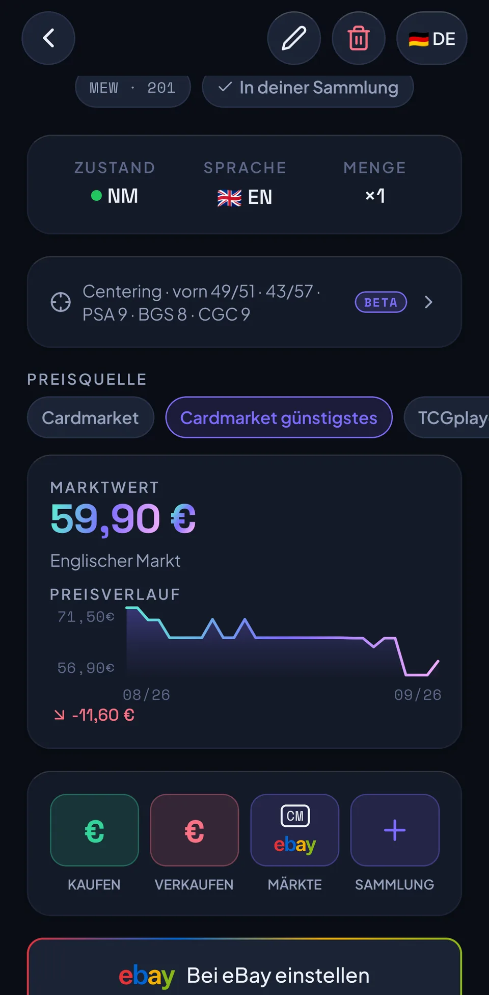 Kartenansicht einer Simsala-ex, Zustand NM, Sprache Englisch: Centering-Messung mit BETA-Marke, Preisquelle Near Mint, Marktwert 59,90 Euro am englischen Markt und der Preisverlauf.