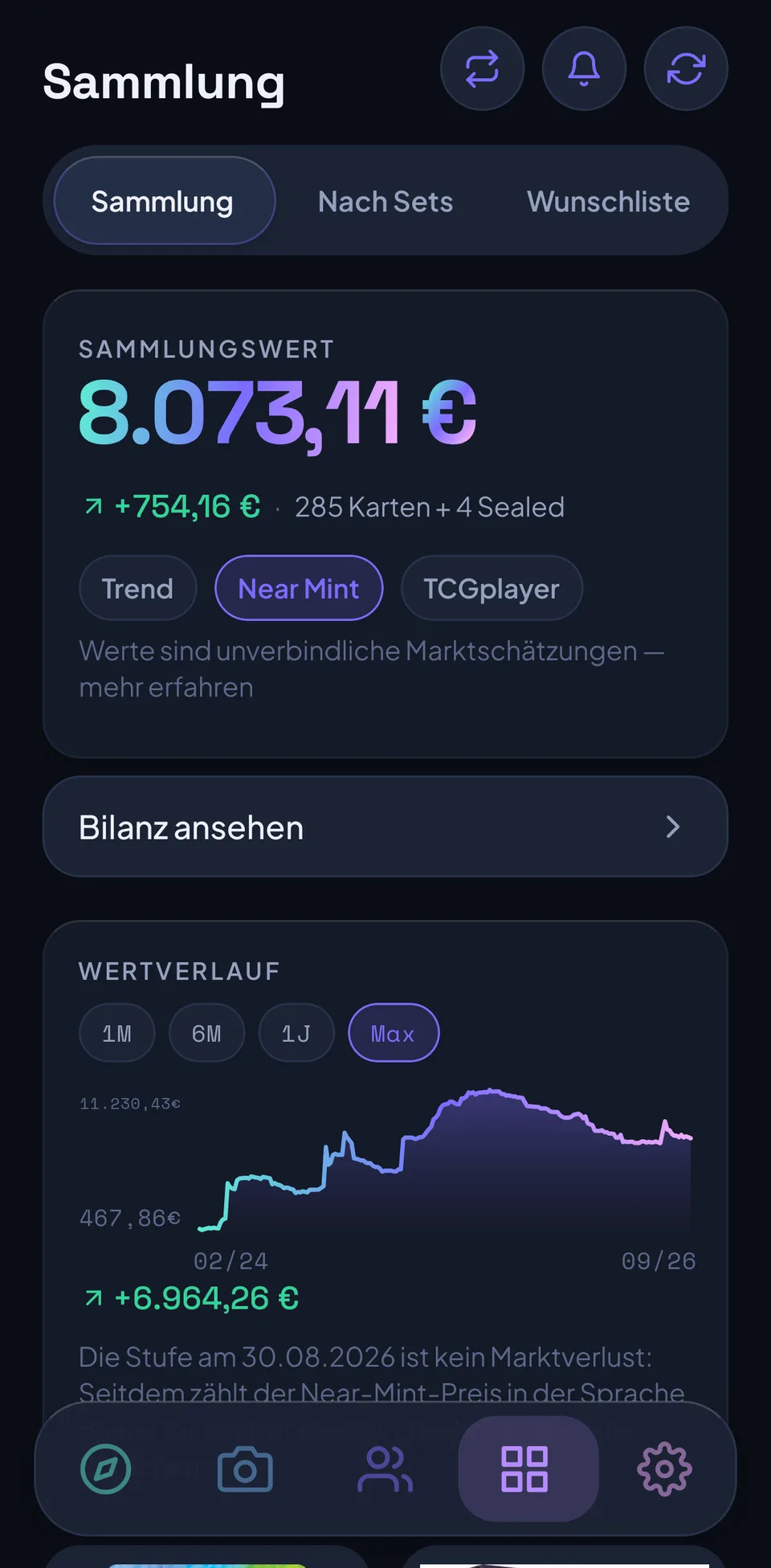 Die CardFolio-App zeigt eine Sammlung mit 8.073,11 Euro Sammlungswert, plus 754,16 Euro, 285 Karten und 4 Sealed-Produkten, Preisquelle Near Mint, darunter den Wertverlauf als Kurve.