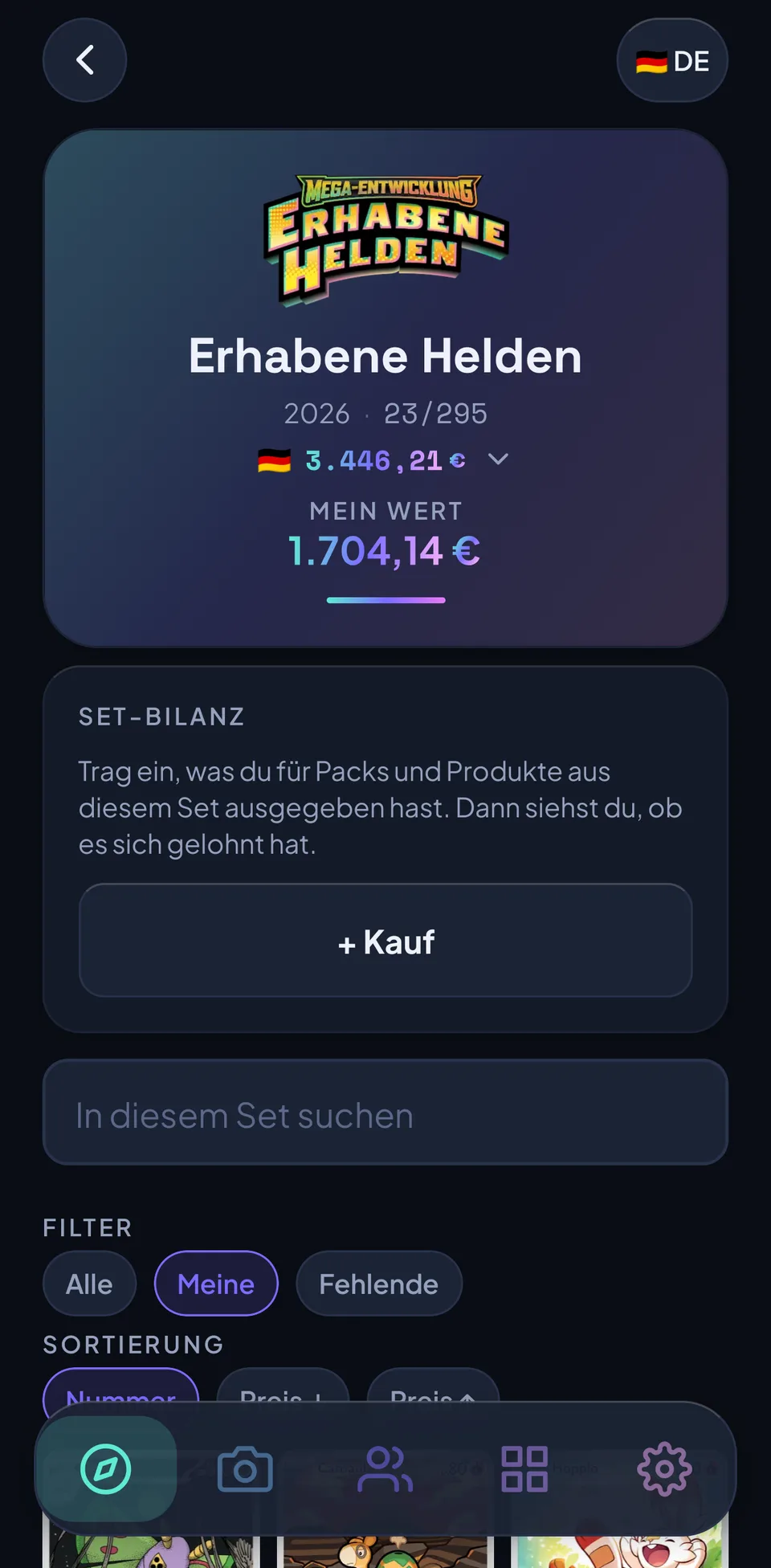 Das Set Erhabene Helden: 23 von 295 Karten, Set-Wert 3.446,21 Euro, mein Wert 1.704,14 Euro, darunter die Set-Bilanz mit dem Knopf „Kauf“.